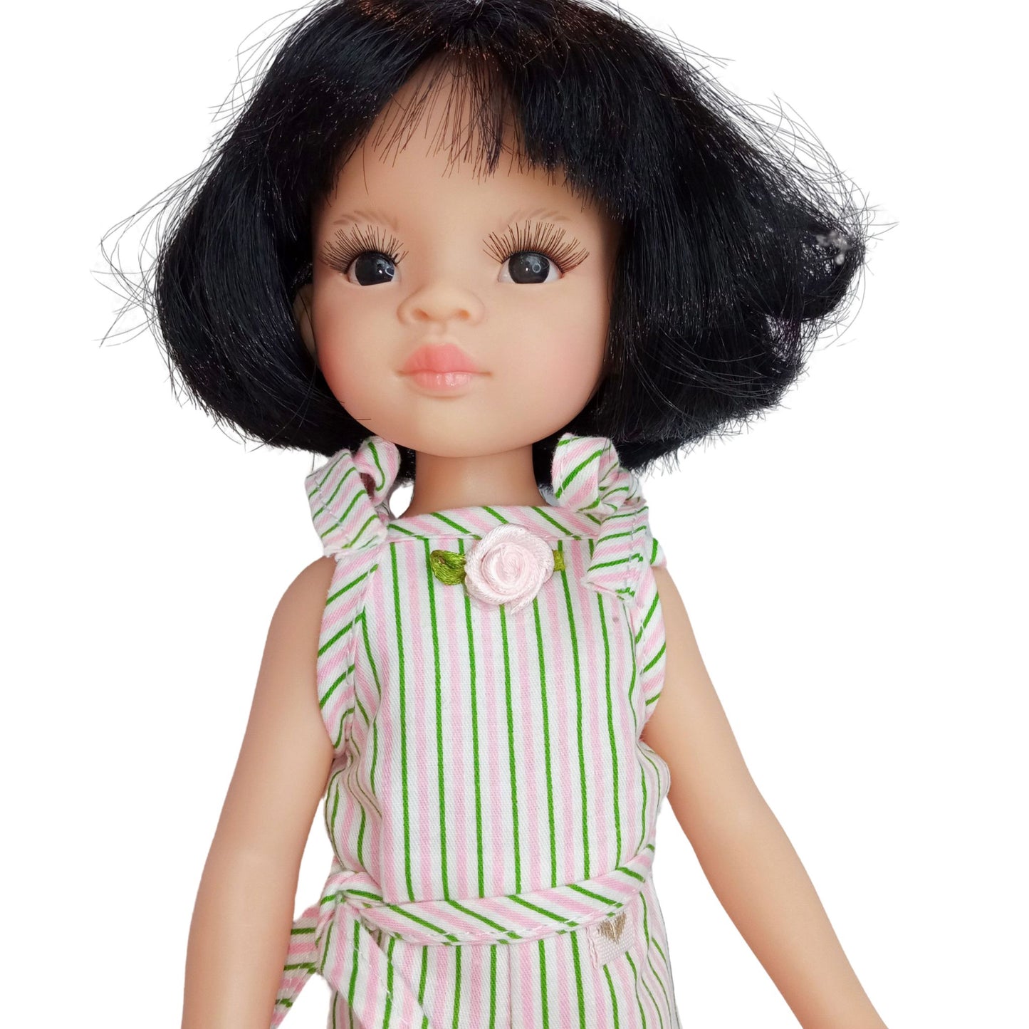 Summer flared jumpsuit for Paola Reina doll 32 cm with pink and green stripes, ruffles and decorative rose.