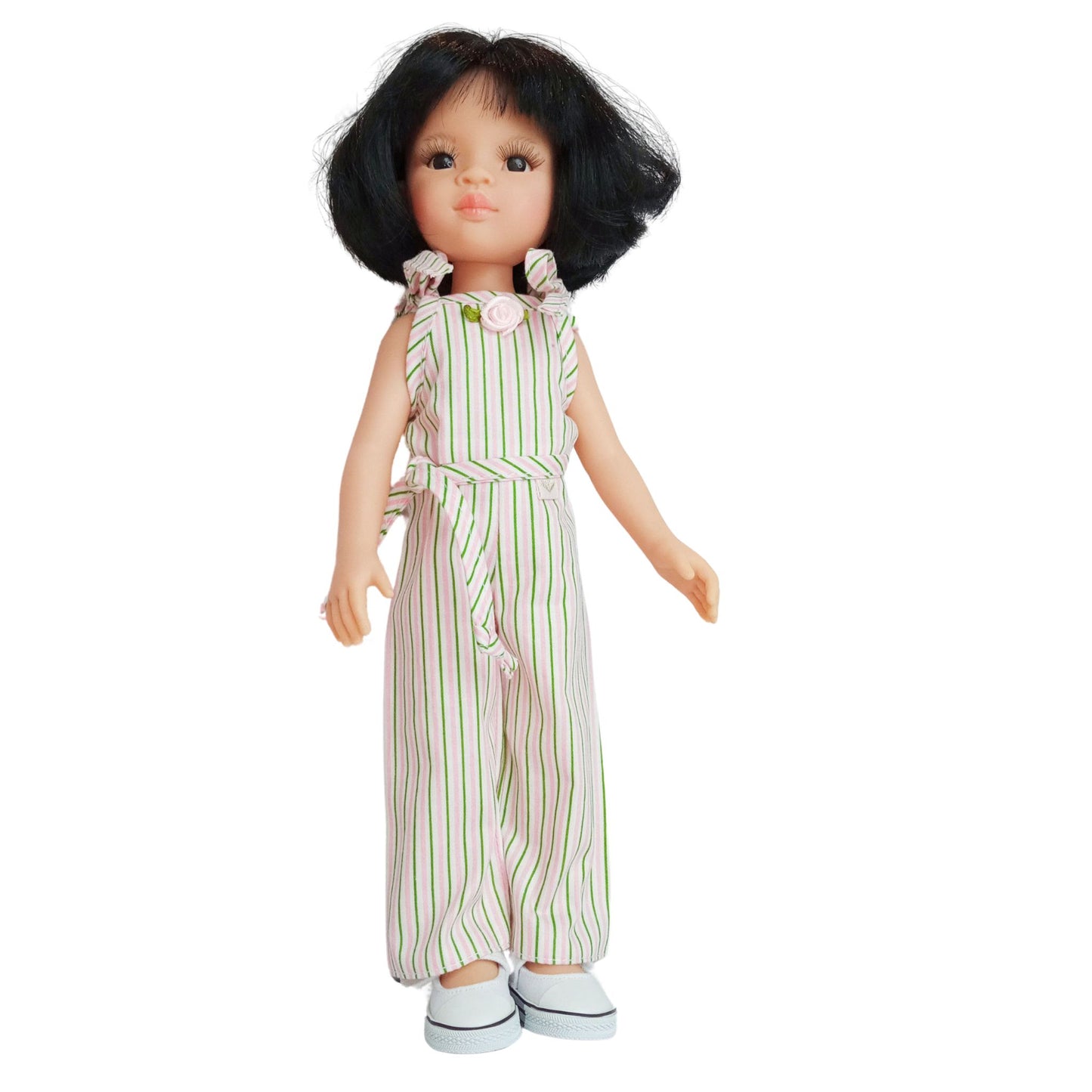 Summer flared jumpsuit for Paola Reina doll 32 cm with pink and green stripes, ruffles and decorative rose.
