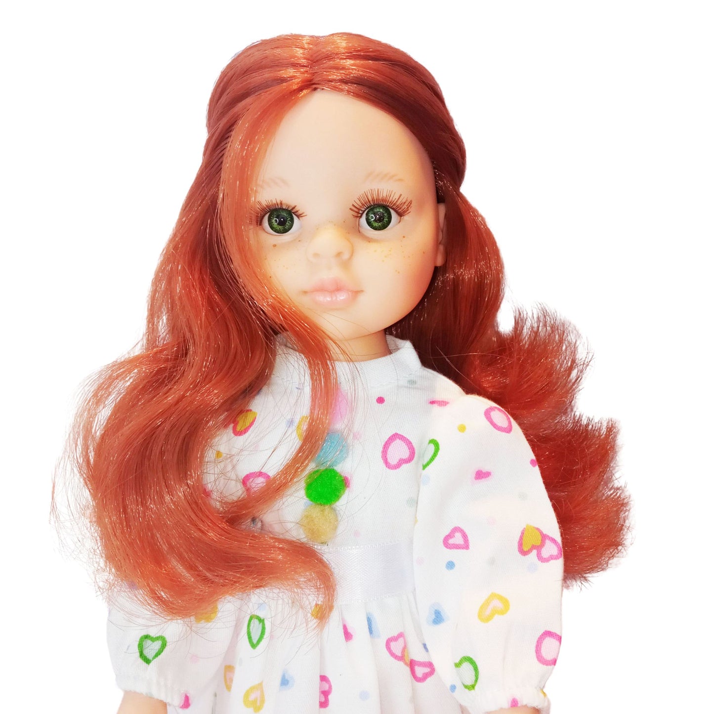 Adorable white dress with colorful heart prints and a satin bow, designed for Paola Reina 32 cm dolls.