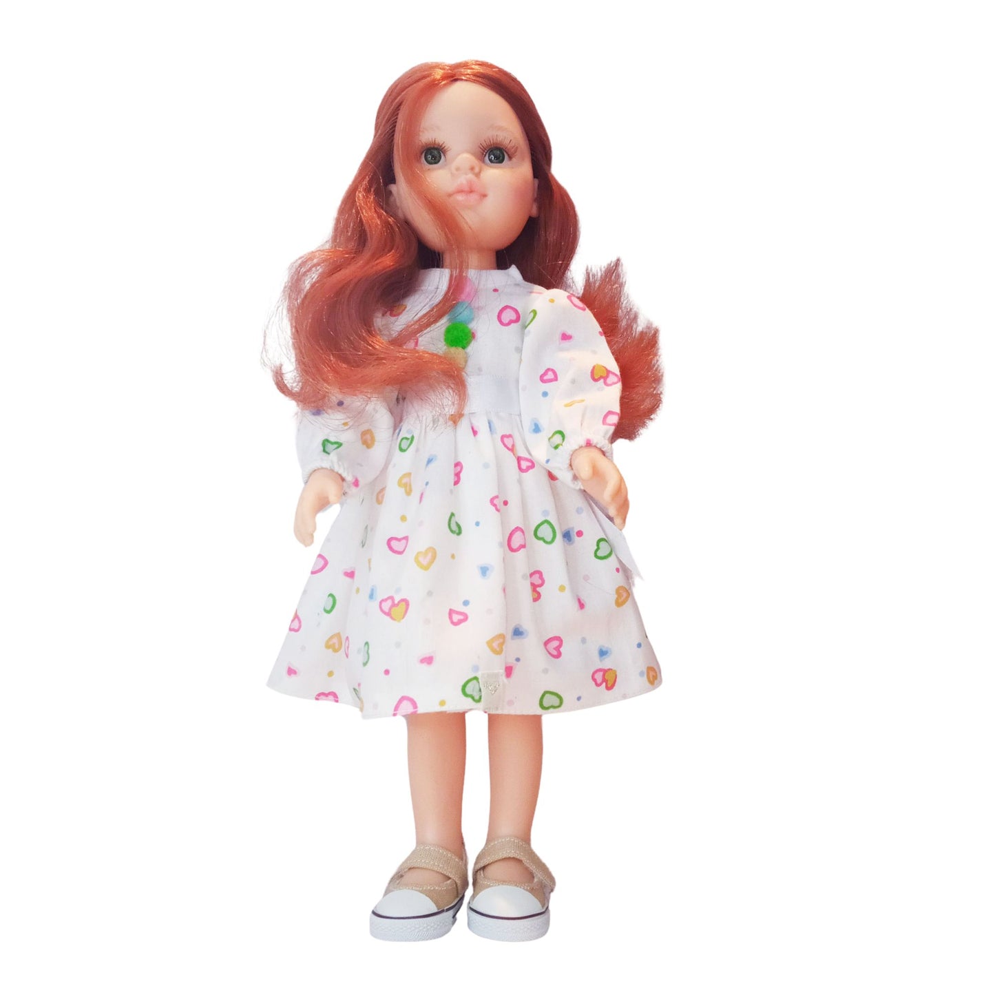 Adorable white dress with colorful heart prints and a satin bow, designed for Paola Reina 32 cm dolls.