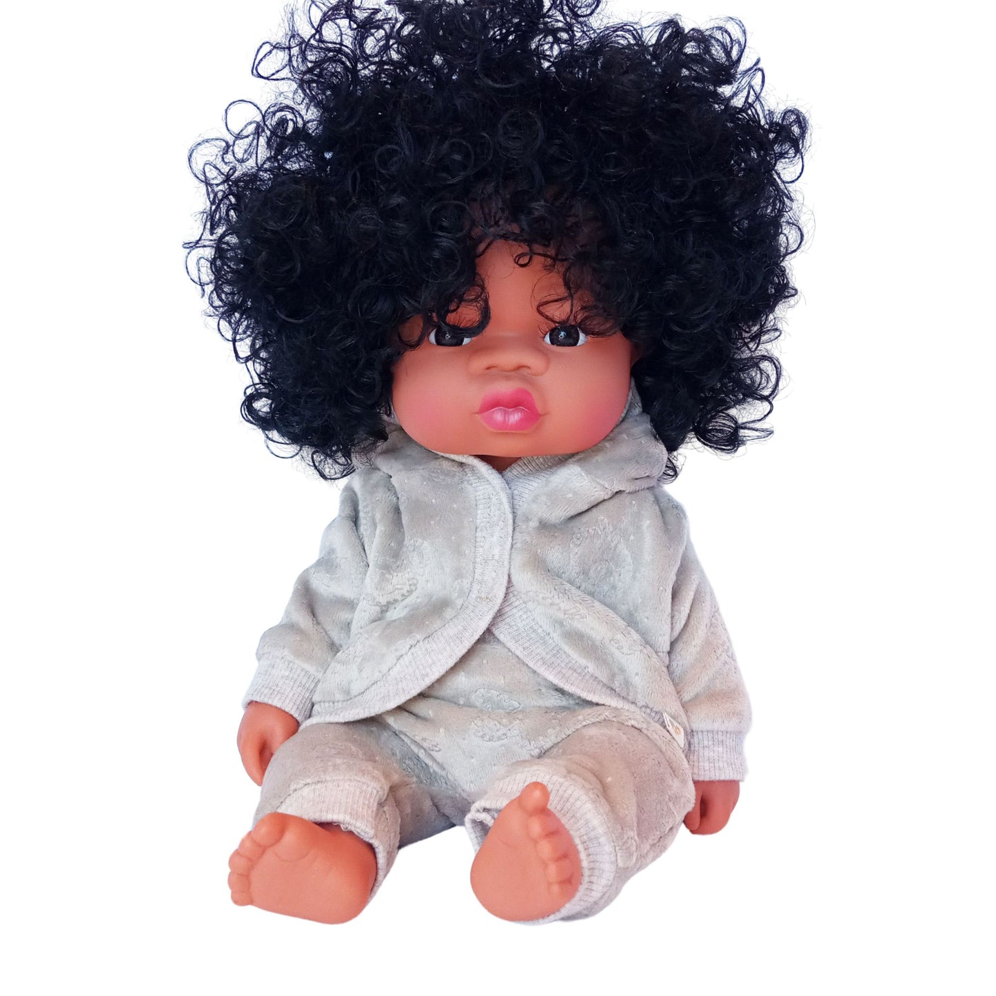 Doll wearing soft beige velour hoodie blouse and matching pants, designed for 34 cm dolls like Paola Reina and Baby Born.