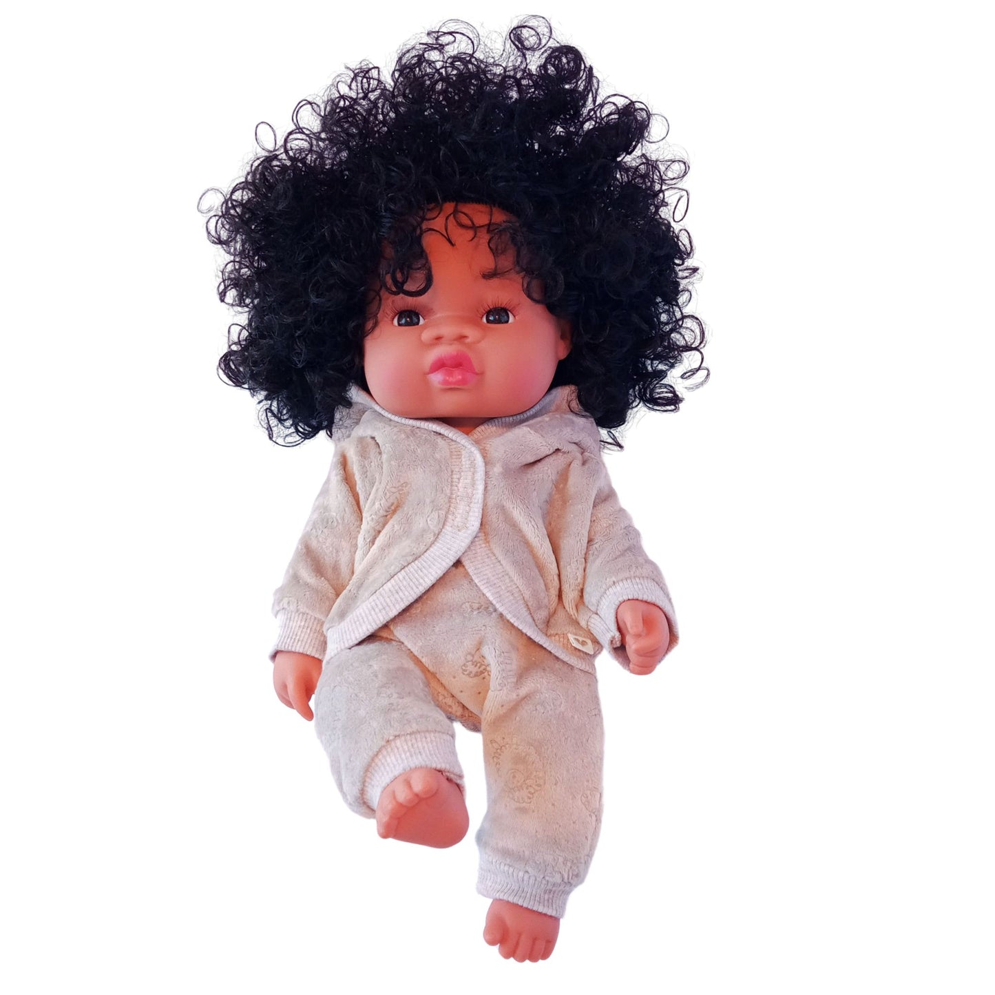 Doll wearing soft beige velour hoodie blouse and matching pants, designed for 34 cm dolls like Paola Reina and Baby Born.