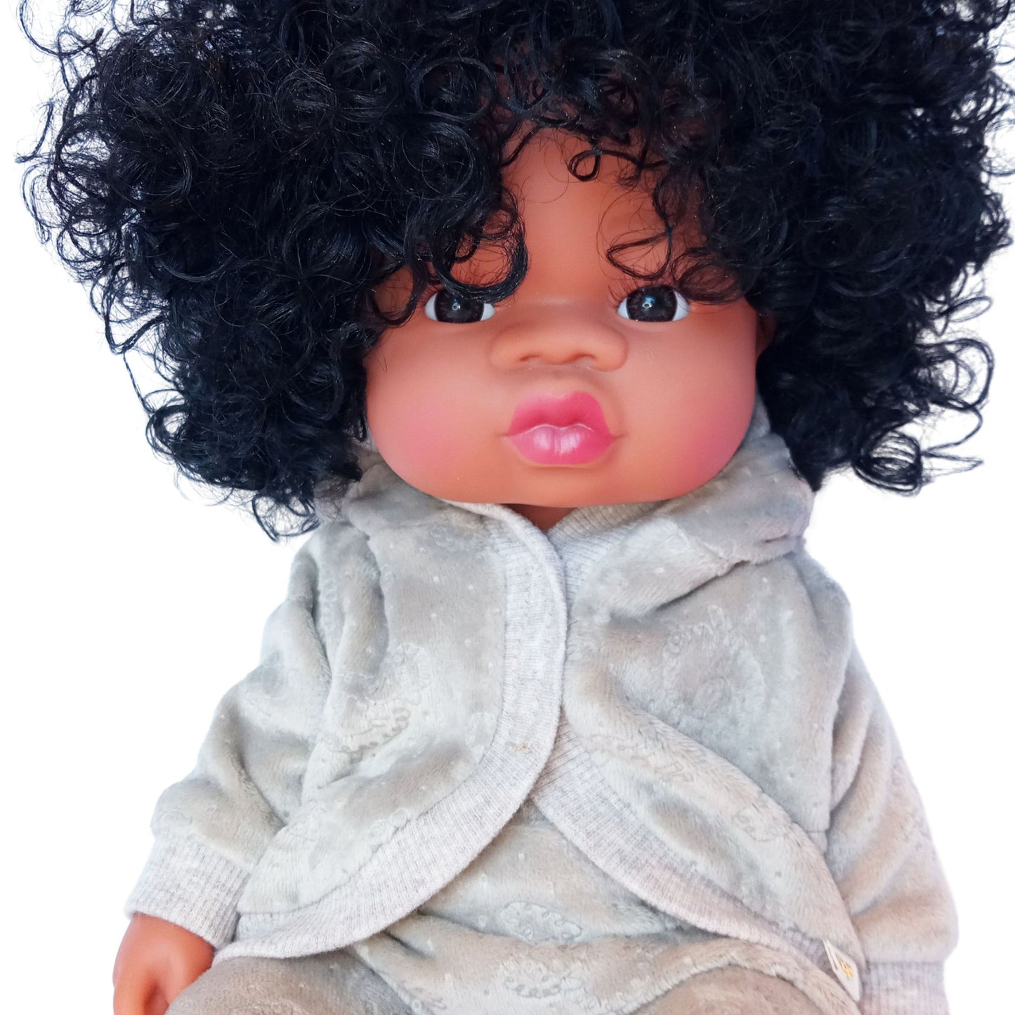 Doll wearing soft beige velour hoodie blouse and matching pants, designed for 34 cm dolls like Paola Reina and Baby Born.