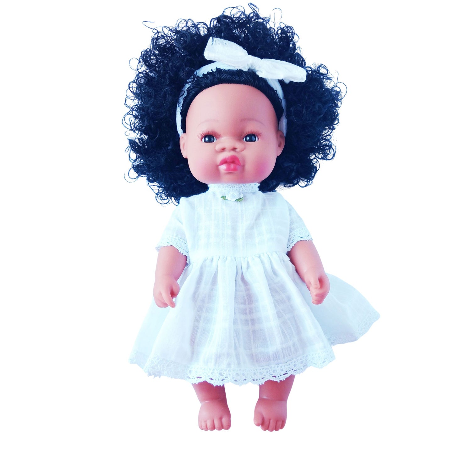 Beautiful Baby Born doll in a white cotton summer dress with lace trim and floral accent, perfect for 34 cm (13 inch) dolls.