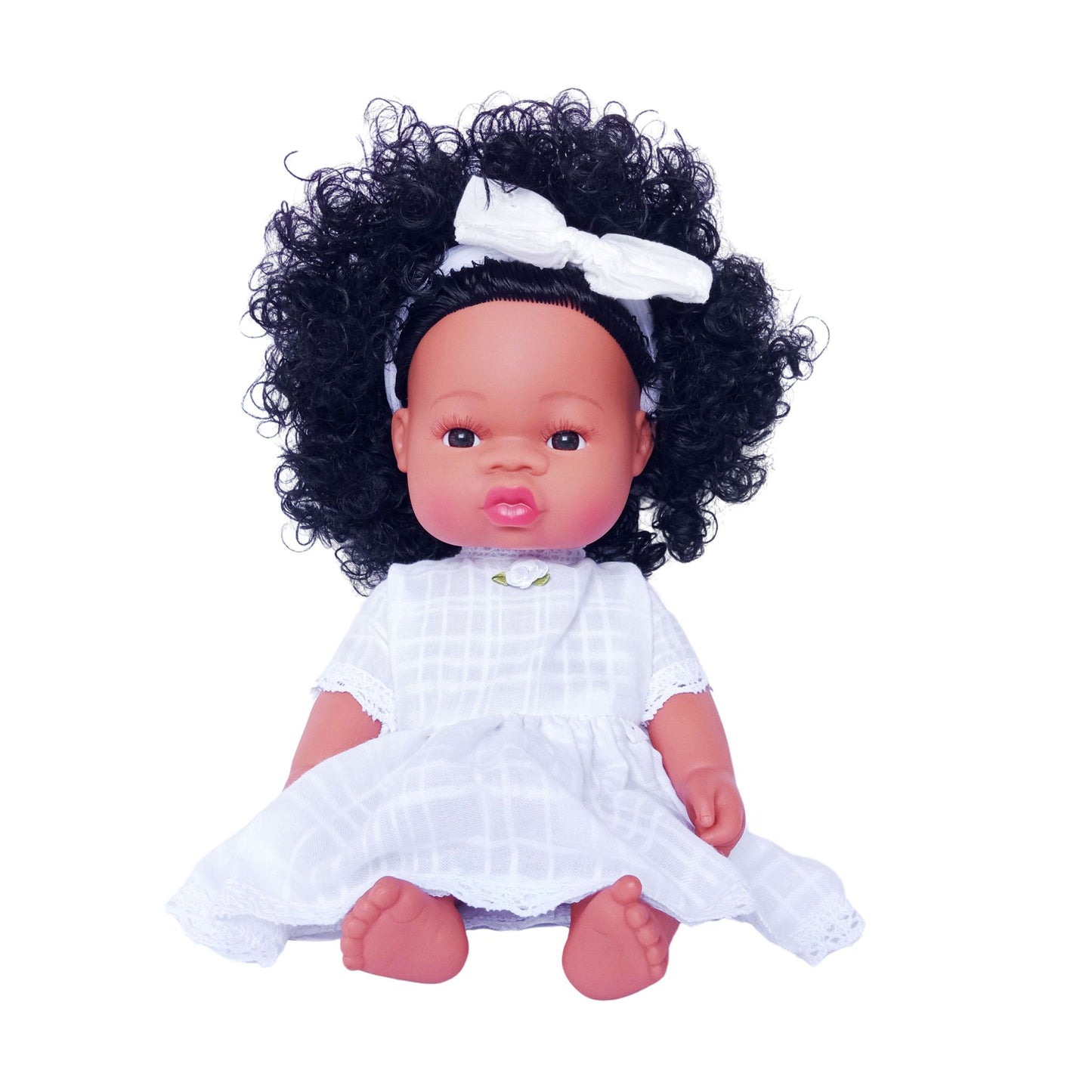 Beautiful Baby Born doll in a white cotton summer dress with lace trim and floral accent, perfect for 34 cm (13 inch) dolls.