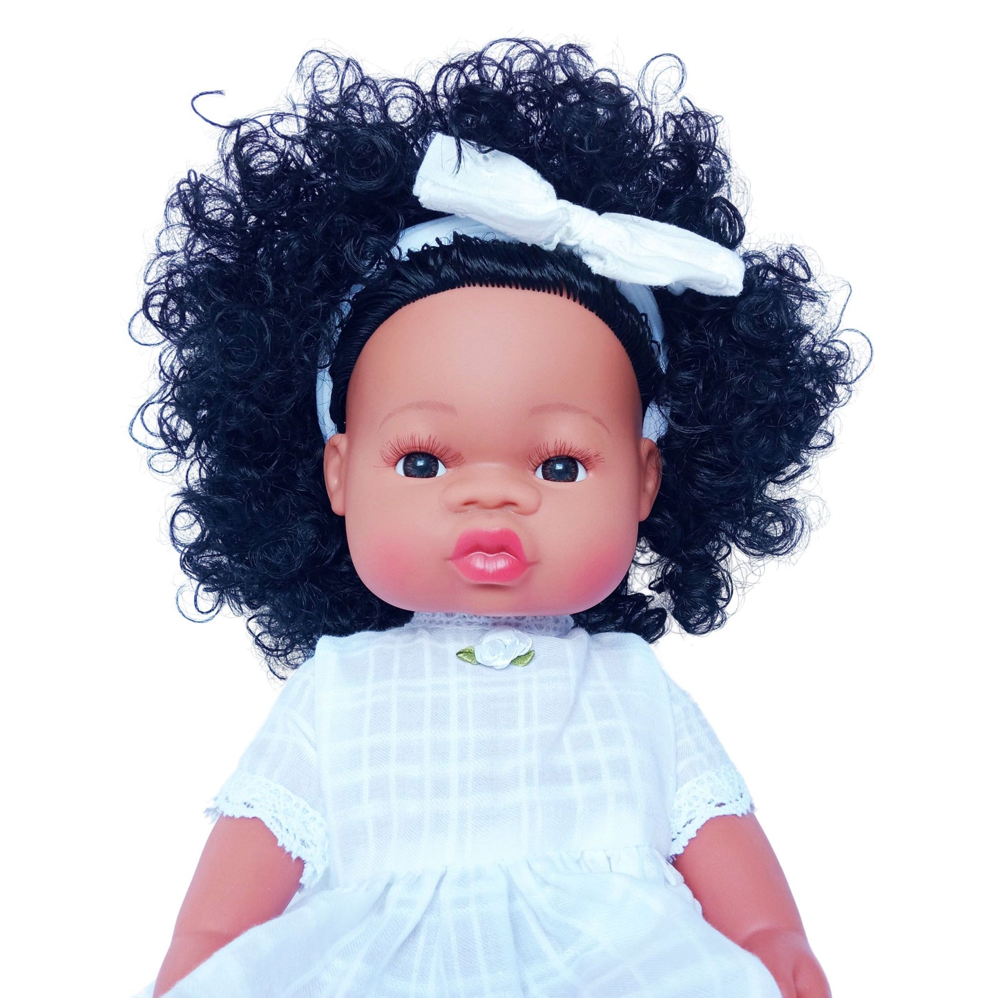 Beautiful Baby Born doll in a white cotton summer dress with lace trim and floral accent, perfect for 34 cm (13 inch) dolls
