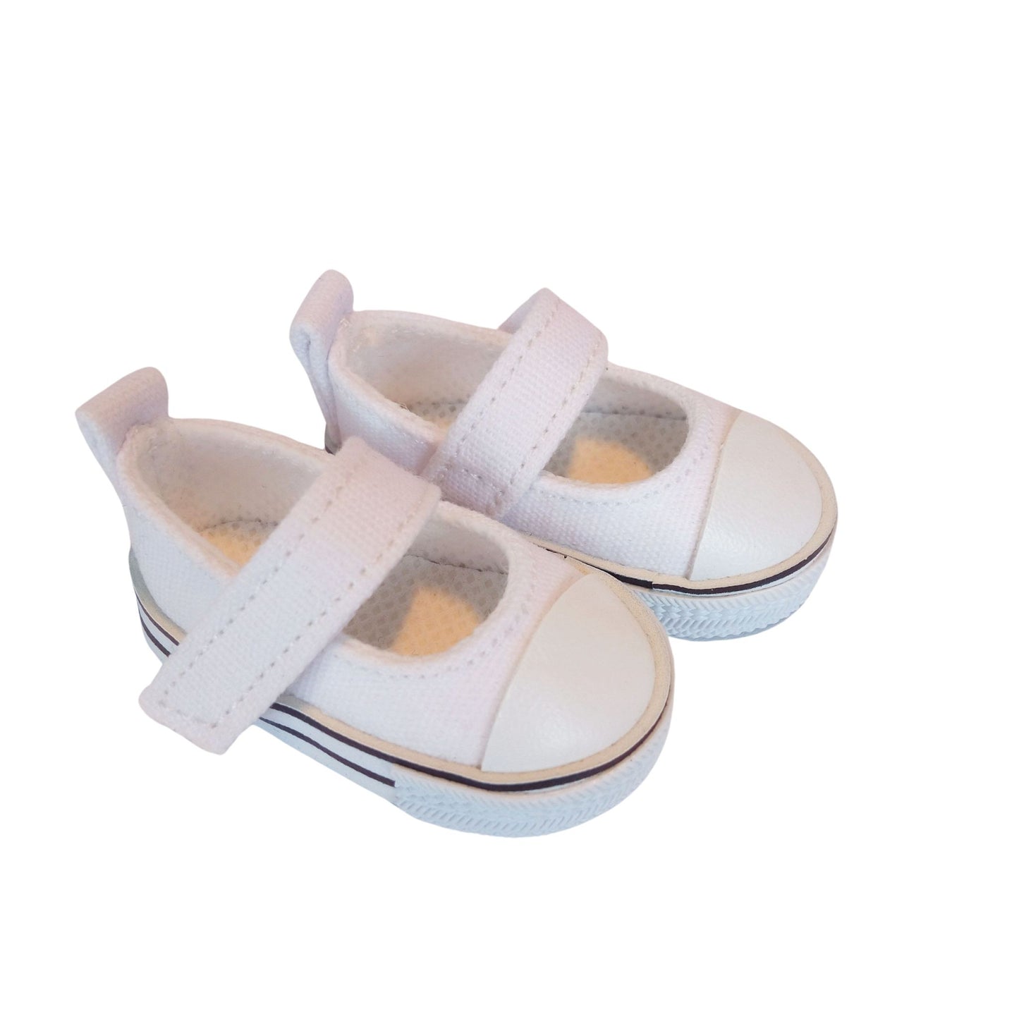 Classic white sneakers for Paola Reina 32 cm (12") dolls with Velcro straps and rubber toe caps.