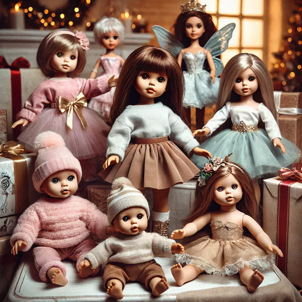 A collection of beautifully dressed dolls displayed on a festive gift table.