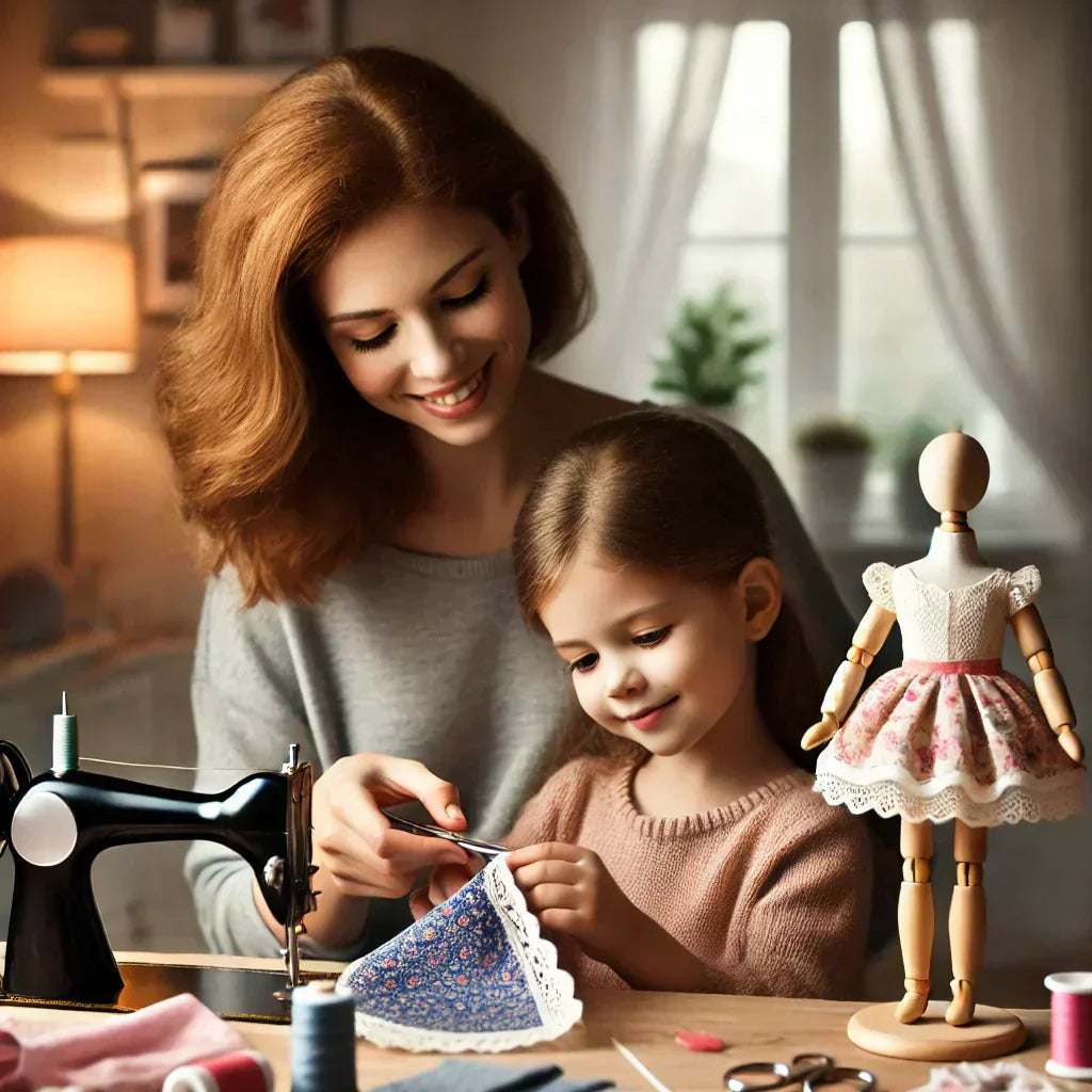 A heartwarming scene of a mother and daughter sewing doll clothes together. 