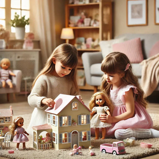 Two young girls playing with dolls and a detailed dollhouse in a cozy living room.