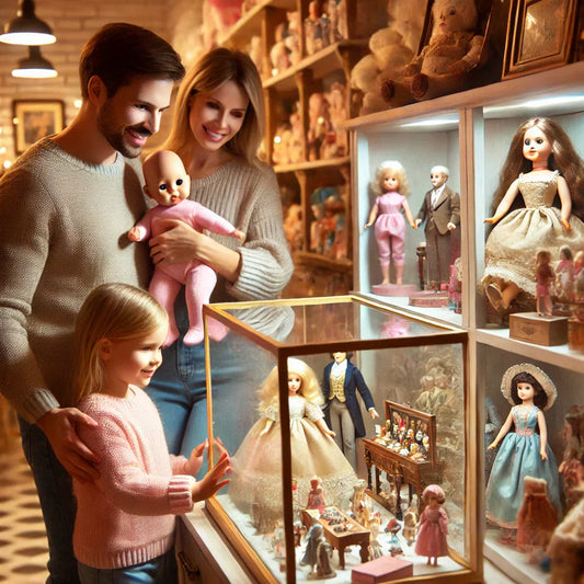 A cozy toy store filled with beautifully displayed dolls of various styles and sizes. 