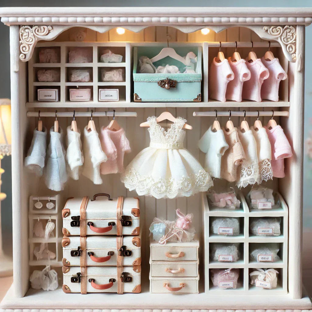 A beautifully organized doll closet in light pastel colors, featuring miniature dresses on tiny hangers, labeled storage boxes, and a decorative suitcase for accessories, all neatly arranged on a white wooden shelf.