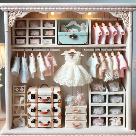 A beautifully organized doll closet in light pastel colors, featuring miniature dresses on tiny hangers, labeled storage boxes, and a decorative suitcase for accessories, all neatly arranged on a white wooden shelf.
