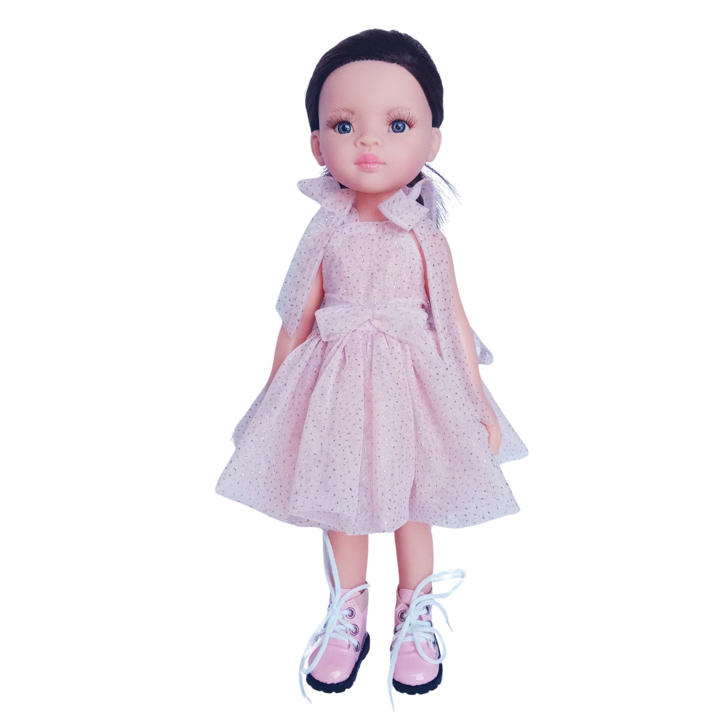Paola Reina Las Amigas 32 cm doll wearing an elegant pink dress with a bow, lace-up boots, and stylish accessories.