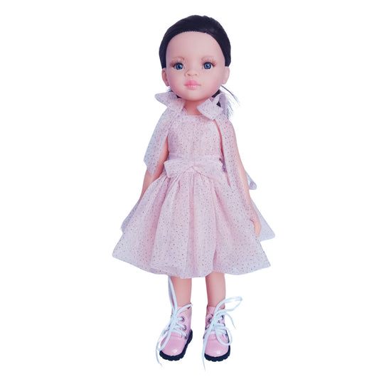 Paola Reina Las Amigas 32 cm doll wearing an elegant pink dress with a bow, lace-up boots, and stylish accessories.