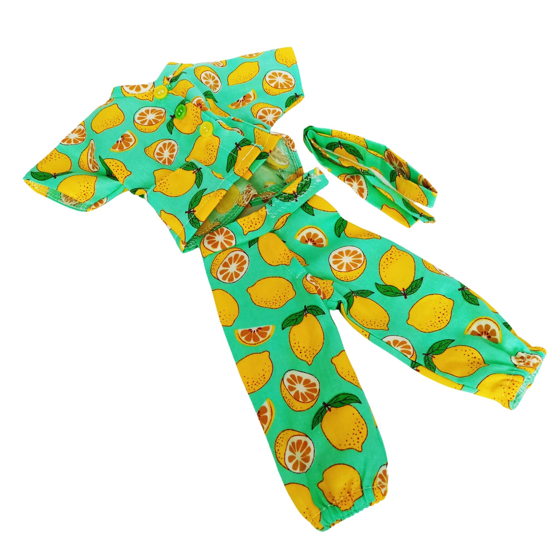 Summer Outfit bright lemon-printed for  Paola Reina 32 cm doll wearing with a matching belt, styled for a cheerful summer look.
