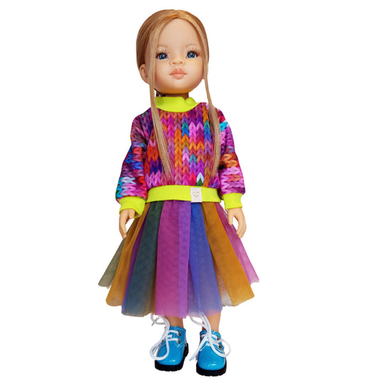 Colorful doll outfit for Paola Reina 32 cm (12") – vibrant sweater, multicolored tulle skirt, and blue lace-up boots.