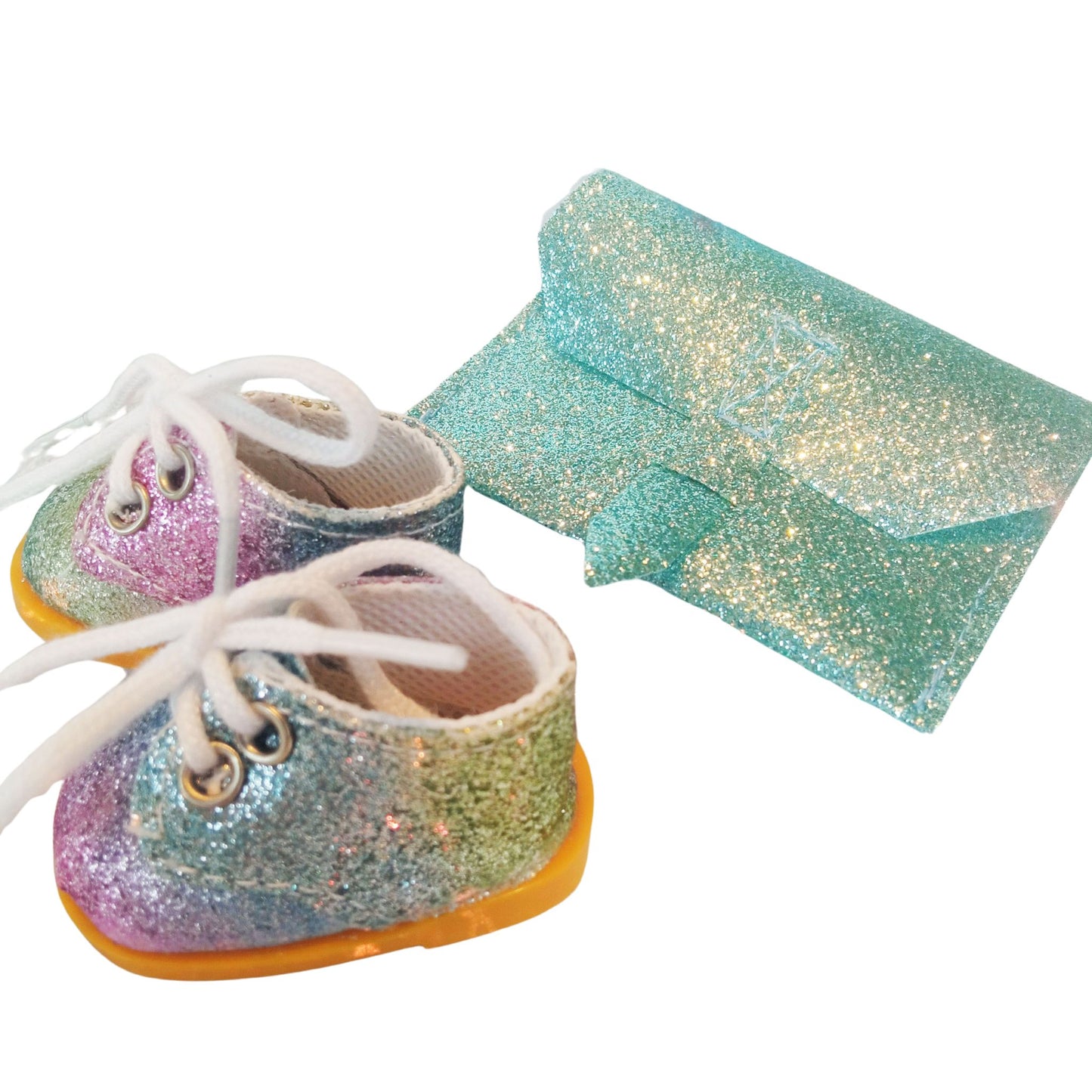 Beautiful glitter sneakers and glitter bag for dolls Paola Reina 32 cm.
