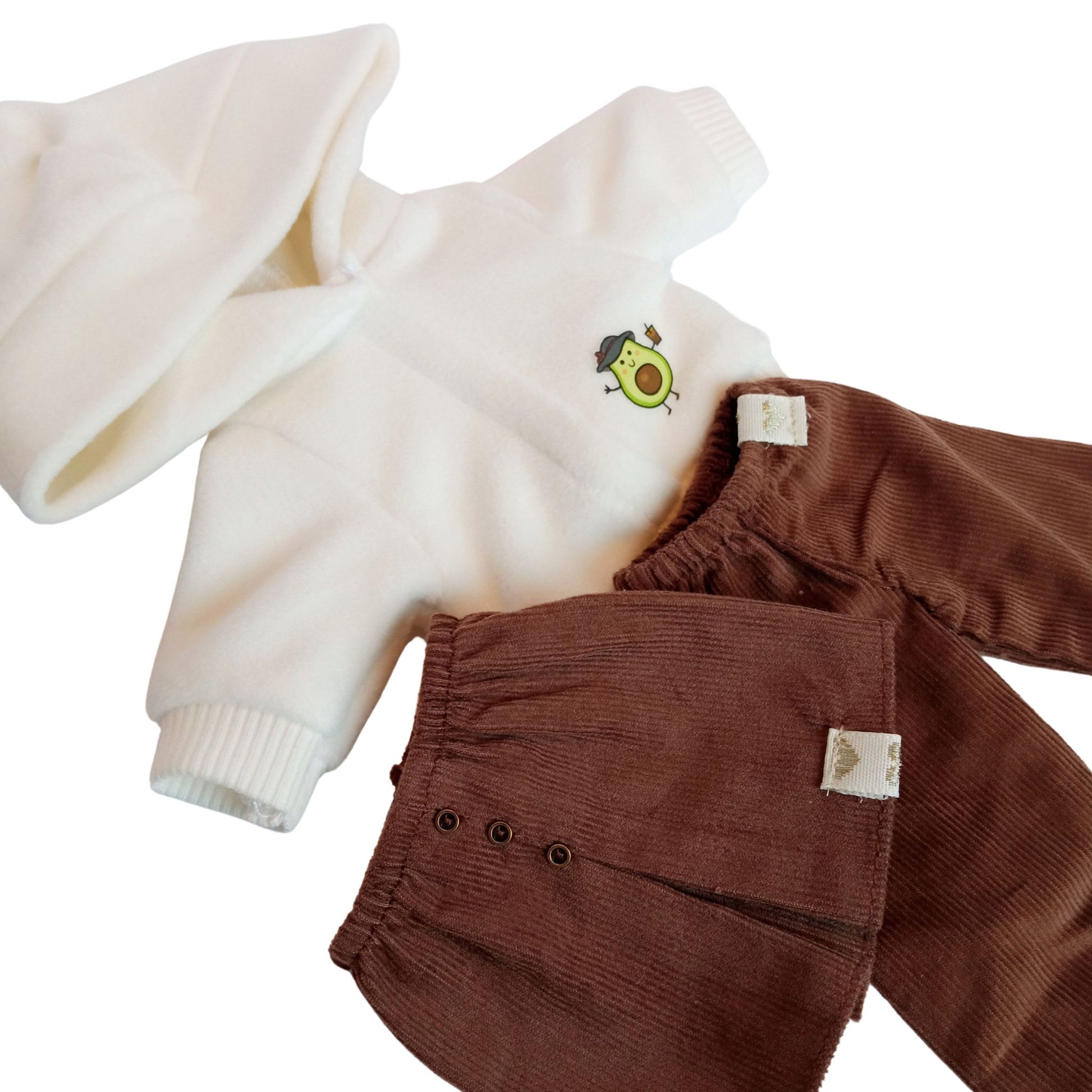 White hoodies with an avocado print, with brown skirt and pants for Paola Reina dolls 32 cm or 12 inch.