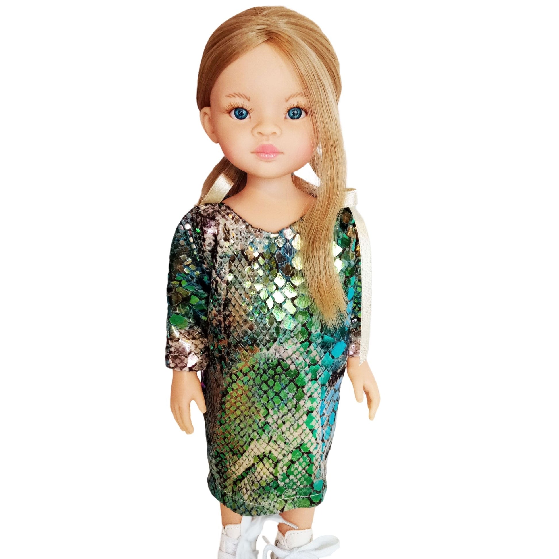 A shimmering green and gold sequined dress for a 12-inch/32 cm Paola Reina doll, featuring gold ribbon ties and a luxurious party-ready design.