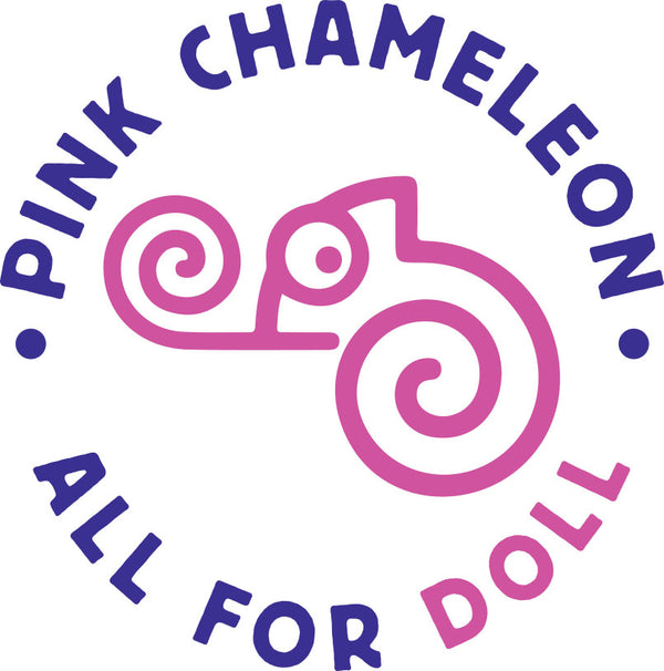 Pink Chameleon logo featuring a stylized pink chameleon with spiral details, surrounded by the text 'PINK CHAMELEON ALL FOR DOLL' in a playful purple and pink font.