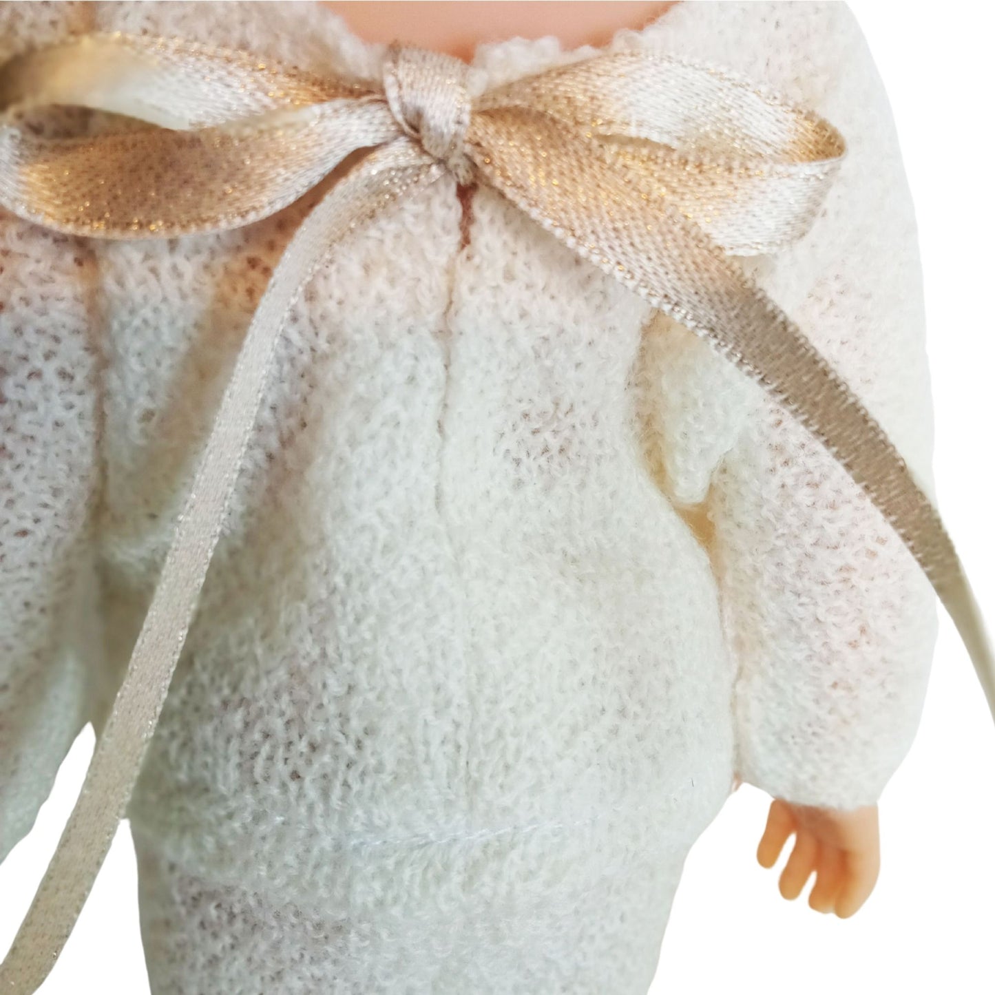 Paola Reina Las Amigas 32 cm doll dressed in a handmade knitted jersey outfit with a buttoned top, matching skirt.