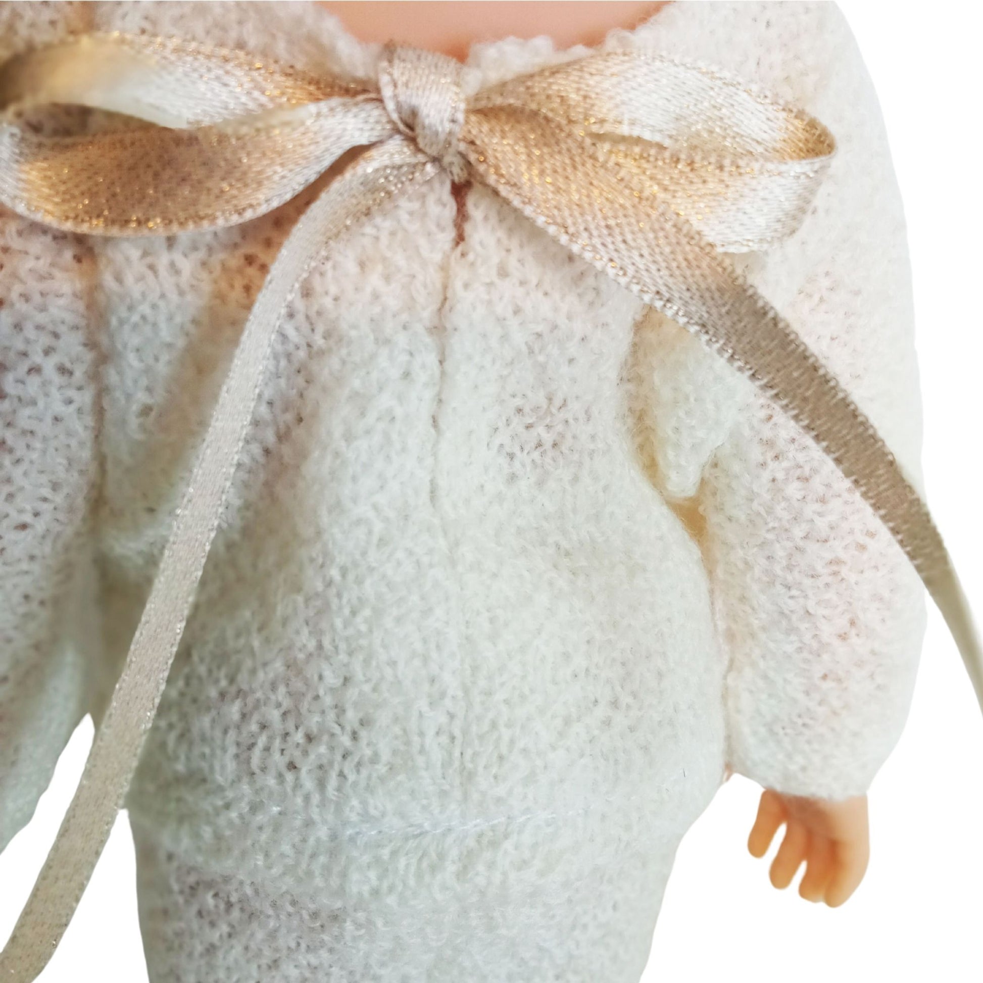 Paola Reina Las Amigas 32 cm doll dressed in a handmade knitted jersey outfit with a buttoned top, matching skirt.