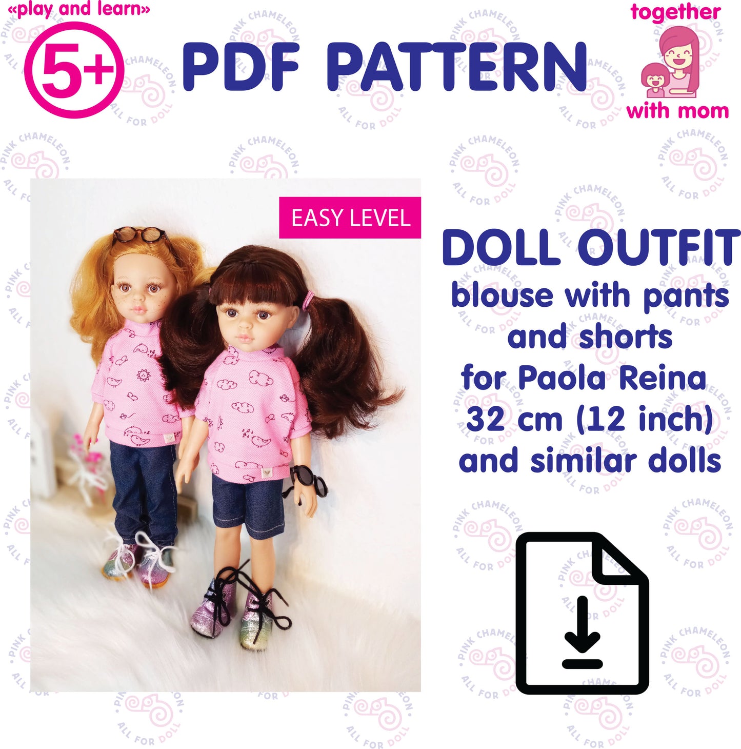 PDF pattern for Paola Reina 32 cm doll – blouse with pants & shorts – A4 print – Instant download