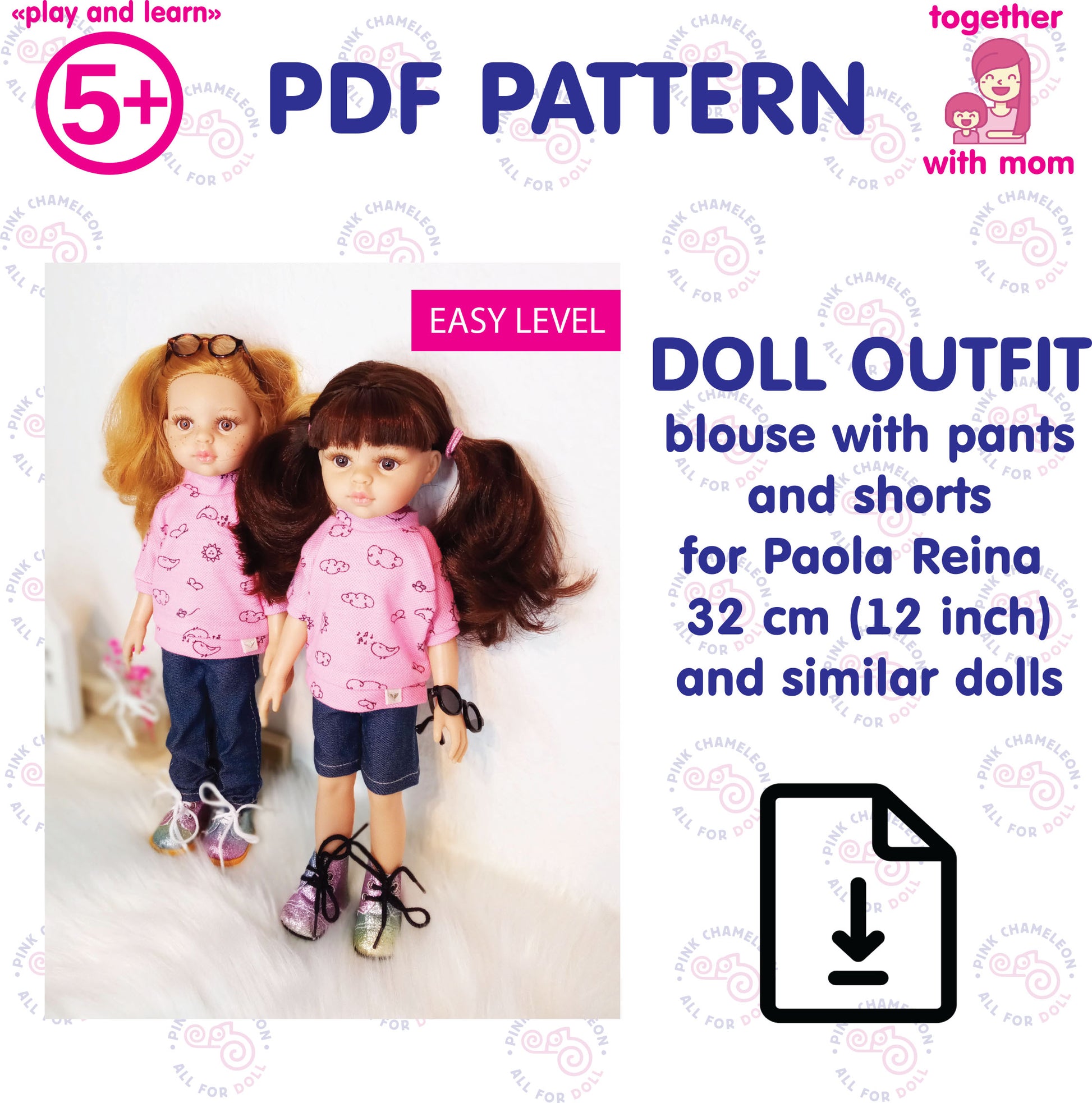 PDF pattern for Paola Reina 32 cm doll – blouse with pants & shorts – A4 print – Instant download