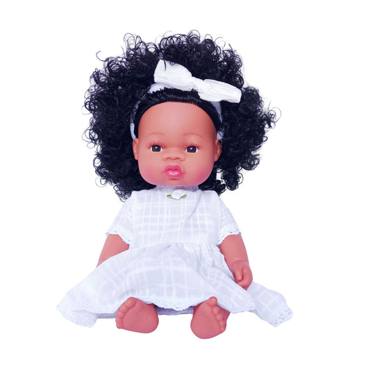 Beautiful Baby Born doll in a white cotton summer dress with lace trim and floral accent, perfect for 34 cm (13 inch) dolls.